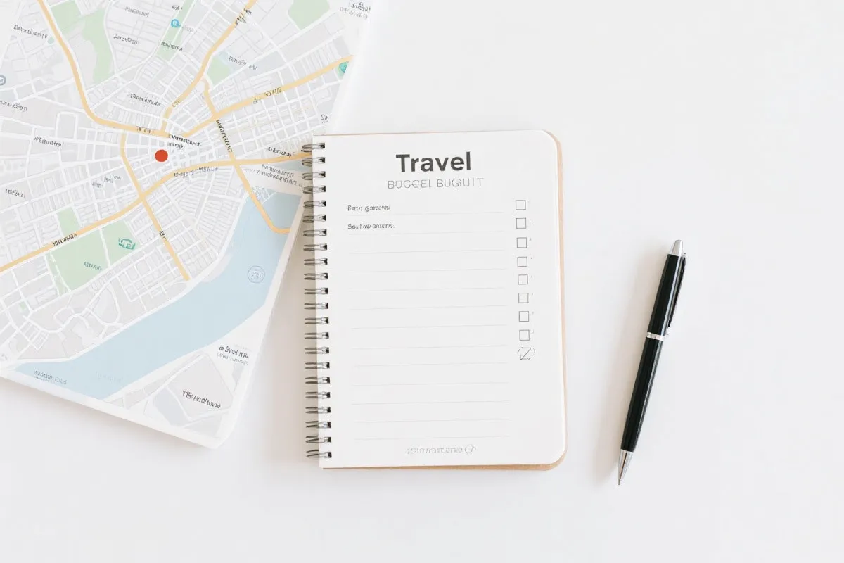 世界杯观赛预算清单与城市地图的俯拍构图，旅行规划氛围