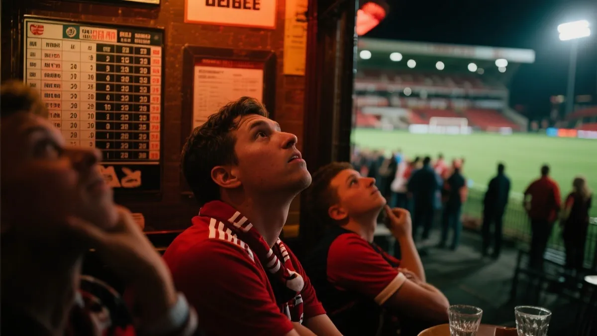 球迷在夜晚球场外查看积分榜与赛程的画面，紧张与期待交织